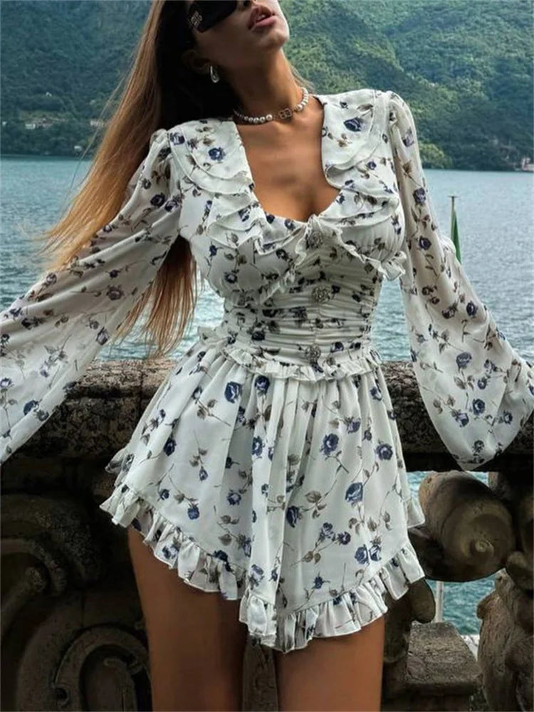 Ruffled V-Neck Printed Mini Dress Female Bandage Autumn Fashion Lace-Up Contrast Drawstring Dress For Women Party Dress