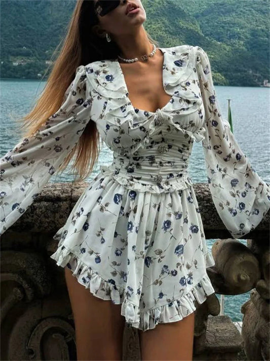 Ruffled V-Neck Printed Mini Dress Female Bandage Autumn Fashion Lace-Up Contrast Drawstring Dress For Women Party Dress