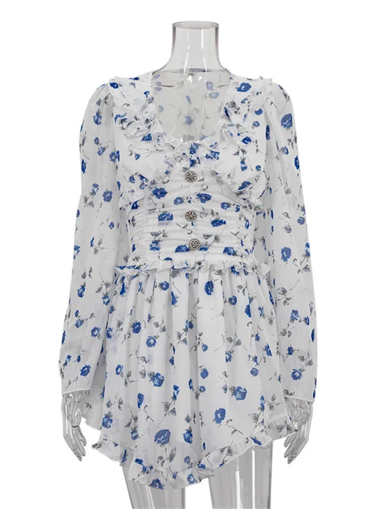 Ruffled V-Neck Printed Mini Dress Female Bandage Autumn Fashion Lace-Up Contrast Drawstring Dress For Women Party Dress