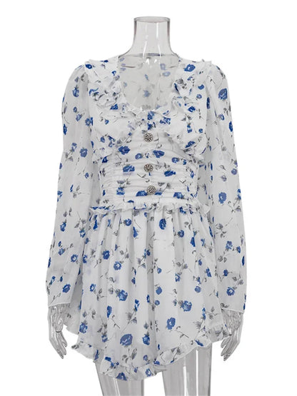 Ruffled V-Neck Printed Mini Dress Female Bandage Autumn Fashion Lace-Up Contrast Drawstring Dress For Women Party Dress