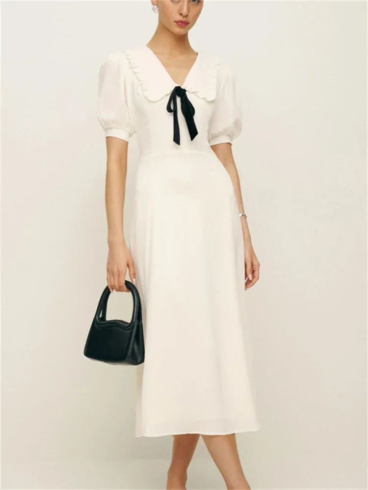 Ruffled White Elegant Long Dress Women’s V-Neck Lace-Up Short Sleeve High Waist Patchwork Party Dress Ladies Maxi Dress