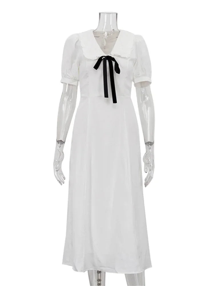 Ruffled White Elegant Long Dress Women’s V-Neck Lace-Up Short Sleeve High Waist Patchwork Party Dress Ladies Maxi Dress