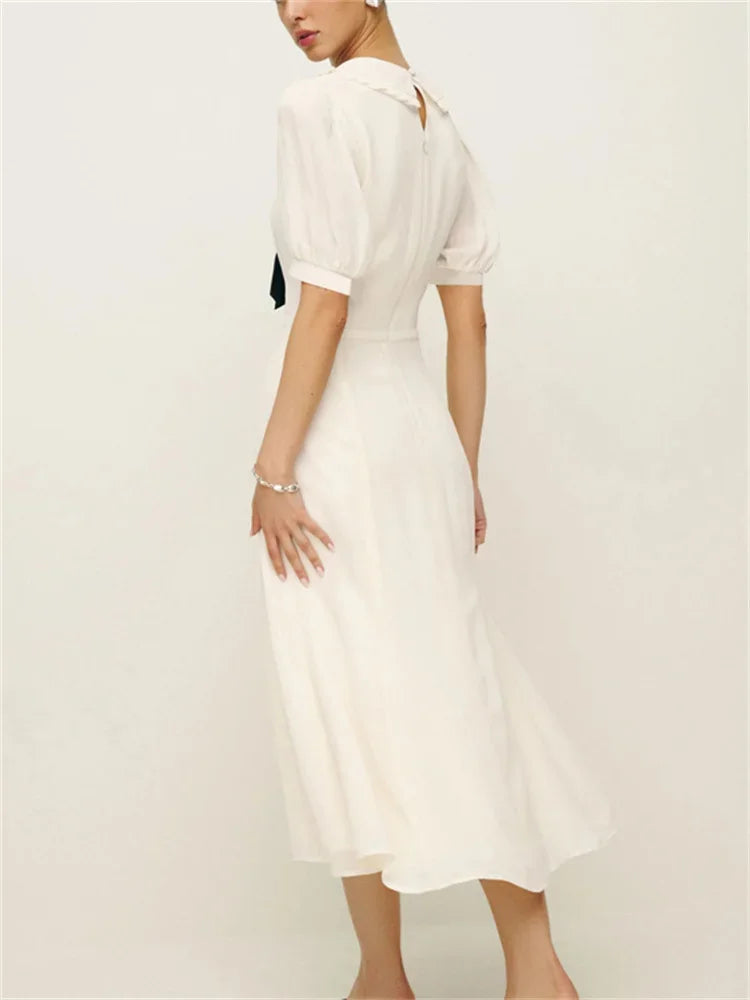Ruffled White Elegant Long Dress Women’s V-Neck Lace-Up Short Sleeve High Waist Patchwork Party Dress Ladies Maxi Dress