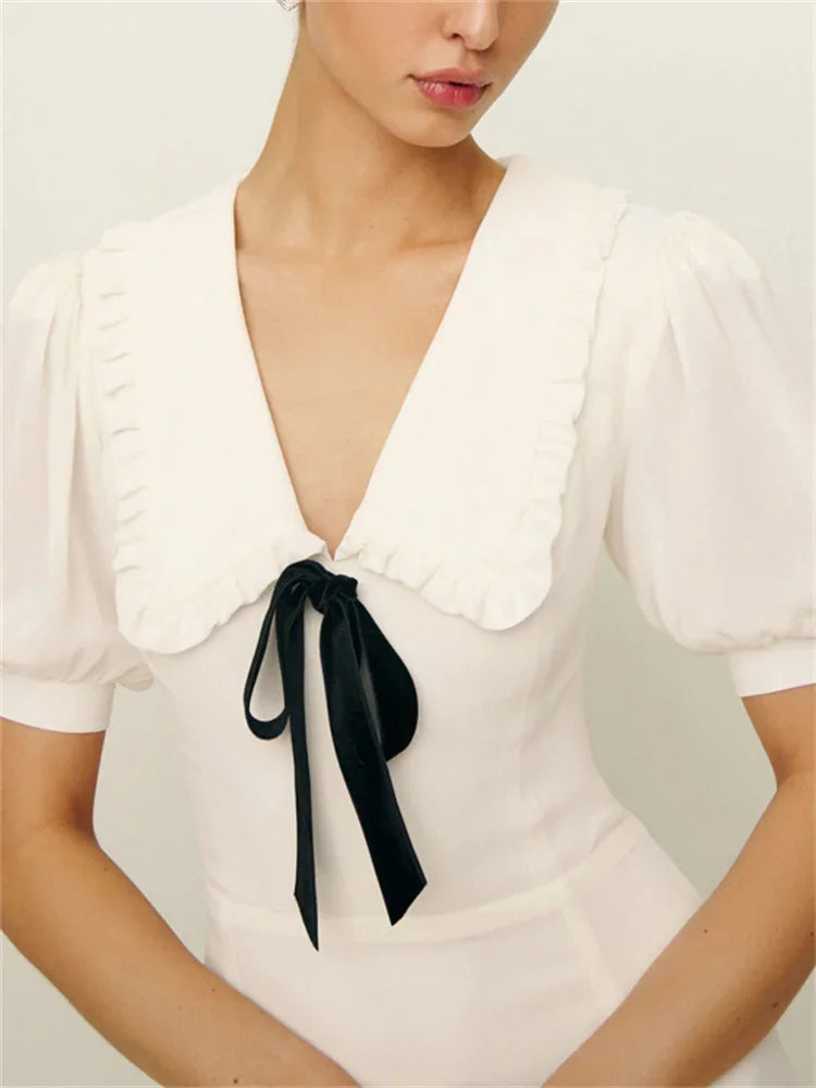 Ruffled White Elegant Long Dress Women’s V-Neck Lace-Up Short Sleeve High Waist Patchwork Party Dress Ladies Maxi Dress