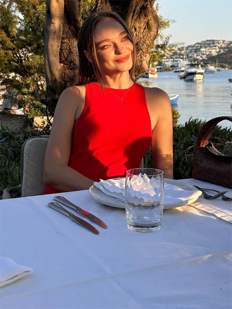 Sexy Knit Patchwork Maxi Dress Female Sleeveless See-Through High Waist Fashion Elegant Party Dress Women’s Knitwear Dress