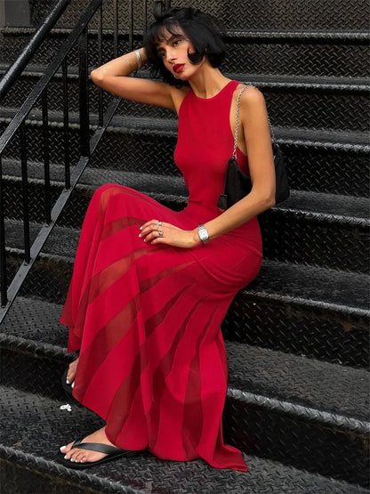 Sexy Knit Patchwork Maxi Dress Female Sleeveless See-Through High Waist Fashion Elegant Party Dress Women’s Knitwear Dress