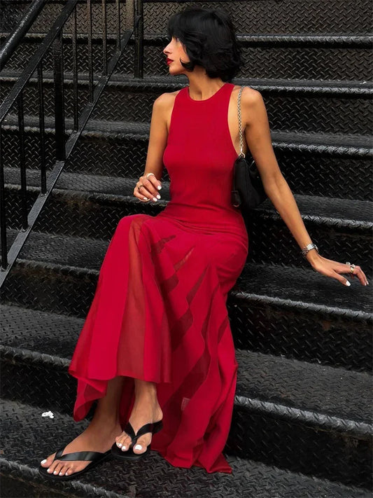 Sexy Knit Patchwork Maxi Dress Female Sleeveless See-Through High Waist Fashion Elegant Party Dress Women’s Knitwear Dress