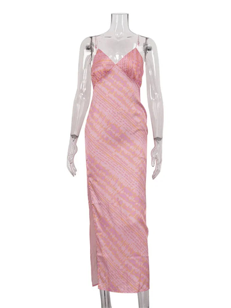 Sexy Printed Contrast Maxi Dress Women’s V-Neck Backless Side Split Fashion Slim Autumn  Party Dress Female Clothes
