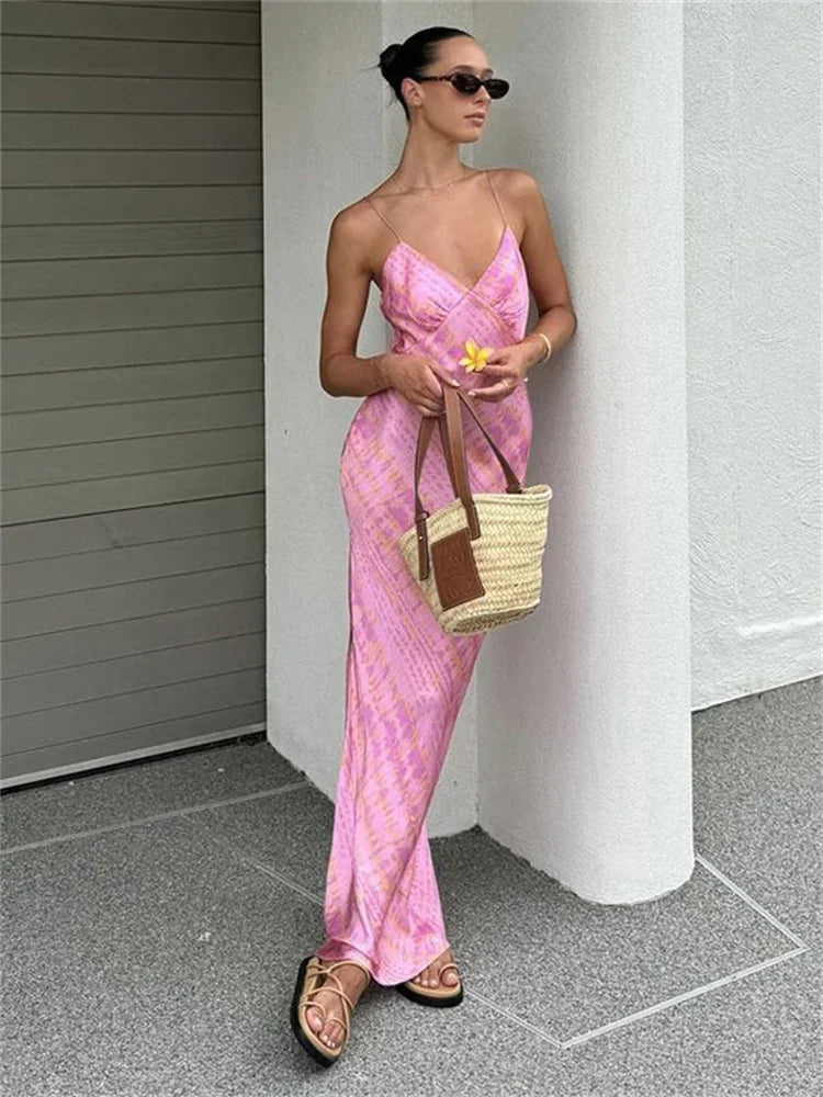 Sexy Printed Contrast Maxi Dress Women’s V-Neck Backless Side Split Fashion Slim Autumn  Party Dress Female Clothes