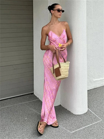 Sexy Printed Contrast Maxi Dress Women’s V-Neck Backless Side Split Fashion Slim Autumn  Party Dress Female Clothes