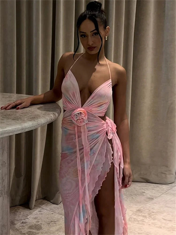 Sexy Printed Mesh Long Dress Women Lace-Up Floral Backless Hollow Out Ruffled Fashion Bandage Dress Women’s Dress Summer