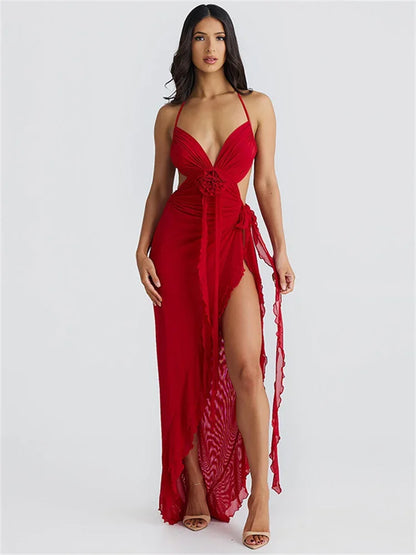 Sexy Printed Mesh Long Dress Women Lace-Up Floral Backless Hollow Out Ruffled Fashion Bandage Dress Women’s Dress Summer