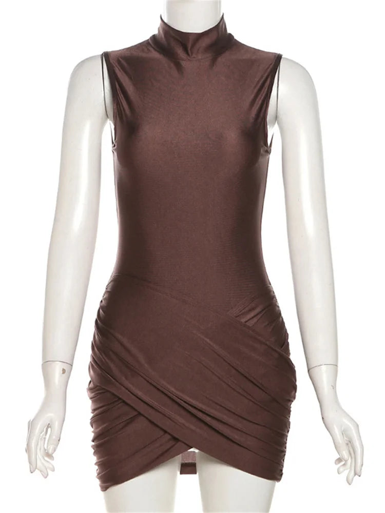 Sexy Sleeveless Patchwork Mini Dress Female Solid Skinny Pleated Fashion High Waist Casual Dress For Women Party Dress New