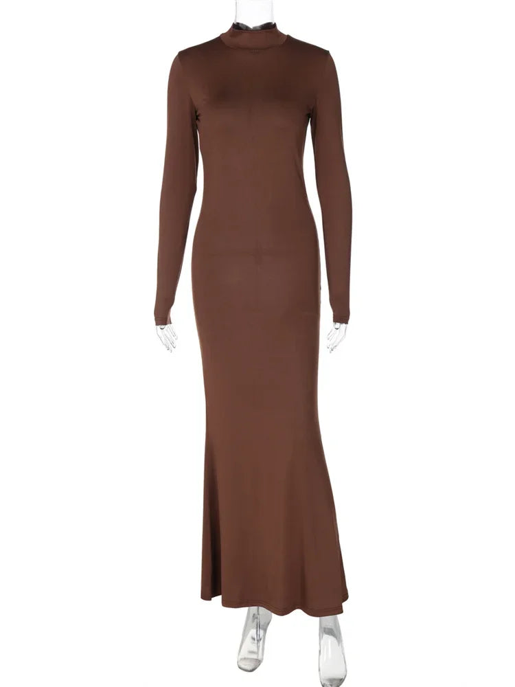 Skinny Turtleneck Backless Maxi Dress Women’s Patchwork High Waist Solid Fashion Hollow Out Party Dress Female Long Dress