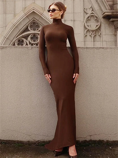 Skinny Turtleneck Backless Maxi Dress Women’s Patchwork High Waist Solid Fashion Hollow Out Party Dress Female Long Dress
