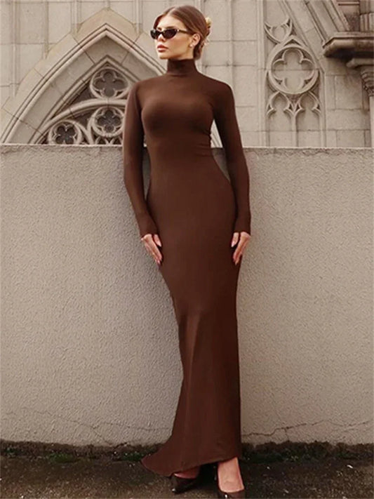 Skinny Turtleneck Backless Maxi Dress Women&#8217;s Patchwork High Waist Solid Fashion Hollow Out Party Dress Female Long Dress