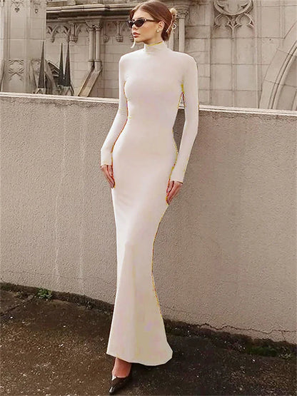 Skinny Turtleneck Backless Maxi Dress Women’s Patchwork High Waist Solid Fashion Hollow Out Party Dress Female Long Dress