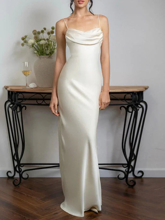 FashionSierra - Spaghetti Long Dress Women Backless Pleated Solid High Waist Elegant Party Halter Fashion New Casual Dress