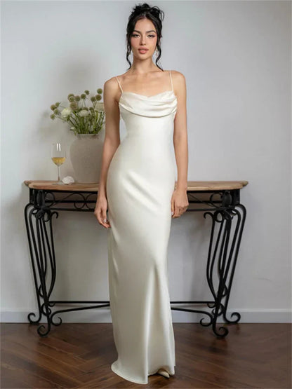 FashionSierra - Spaghetti Long Dress Women Backless Pleated Solid High Waist Elegant Party Halter Fashion New Casual Dress