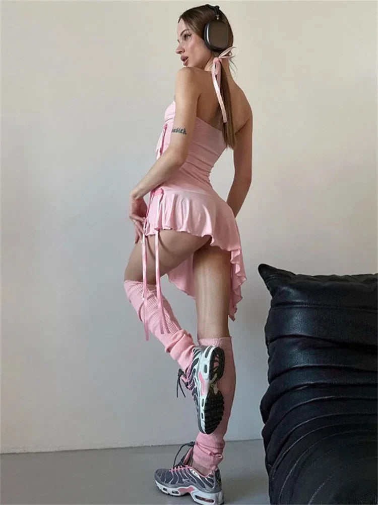 FashionSierra - Women Backless Bodycon Party Pink Ruffle Pleated Short Drawstring 2025 Casual Dress