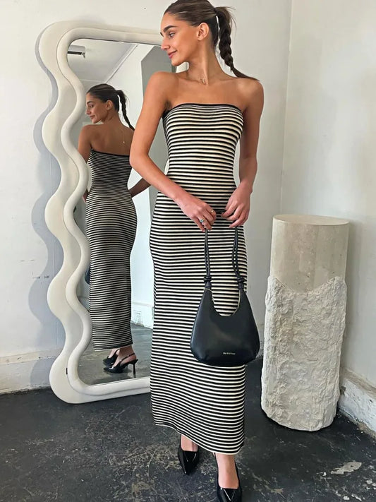 Striped Knit Female Long Dress Bandeau Loose Contrast Fashion High Waist Backless Patchwork Summer Knitwear Maxi Dress