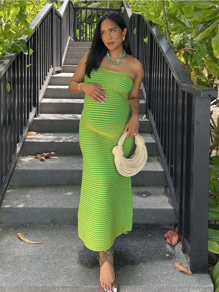 Striped Knit Female Long Dress Bandeau Loose Contrast Fashion High Waist Backless Patchwork Summer Knitwear Maxi Dress