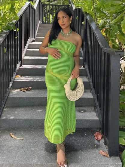 Striped Knit Female Long Dress Bandeau Loose Contrast Fashion High Waist Backless Patchwork Summer Knitwear Maxi Dress