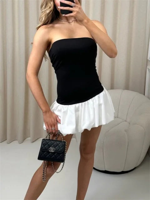 Summer Fashion Ruffled Mini Dress For Women Contrast High Waist Bandeau Patchwork Backless Dress Female Sexy Mini Dress