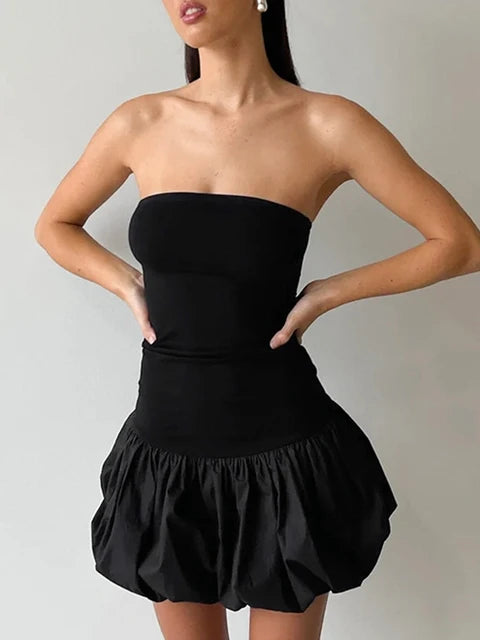 Summer Fashion Ruffled Mini Dress For Women Contrast High Waist Bandeau Patchwork Backless Dress Female Sexy Mini Dress