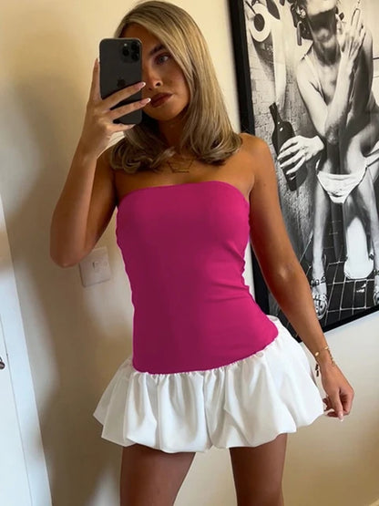 Summer Fashion Ruffled Mini Dress For Women Contrast High Waist Bandeau Patchwork Backless Dress Female Sexy Mini Dress