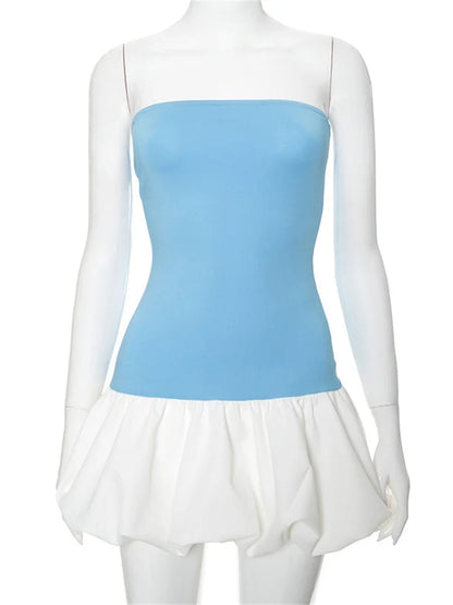 Summer Fashion Ruffled Mini Dress For Women Contrast High Waist Bandeau Patchwork Backless Dress Female Sexy Mini Dress