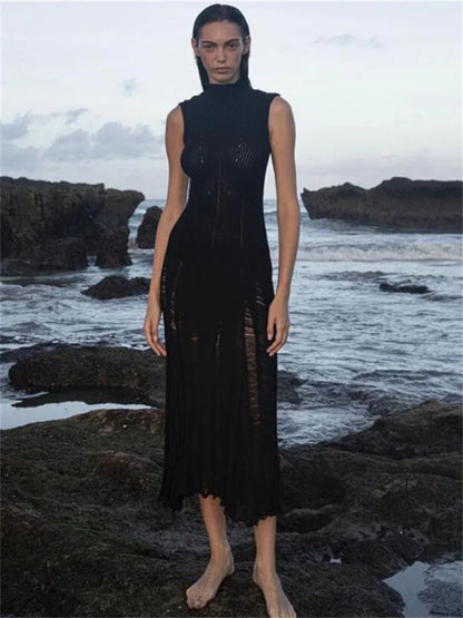 FashionSierra - Knit Maxi Female Hollow Out Sleeveless Knitwear Elegant Pullover Casual Dress