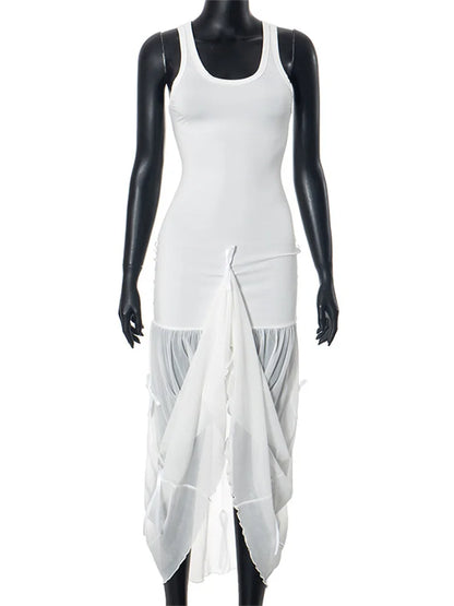 Tee Bow Mesh Patchwork Long Dress Women’s Bandage See-Through Beach Holiday Party Dress Elegant Slim Maxi Dress Summer New