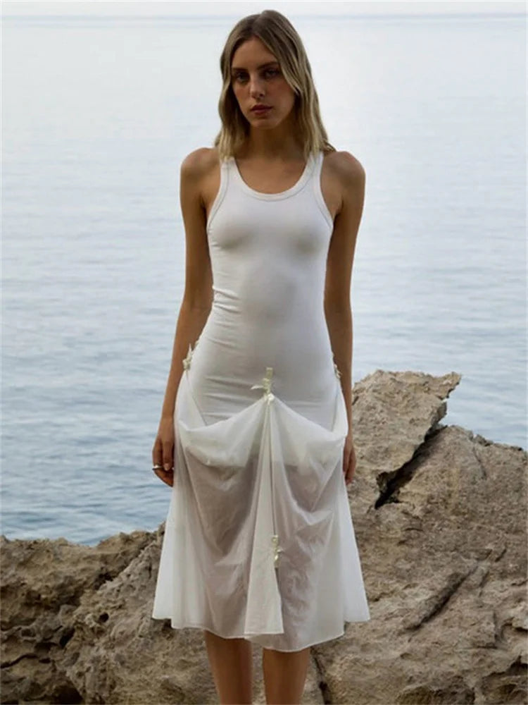 Tee Bow Mesh Patchwork Long Dress Women’s Bandage See-Through Beach Holiday Party Dress Elegant Slim Maxi Dress Summer New