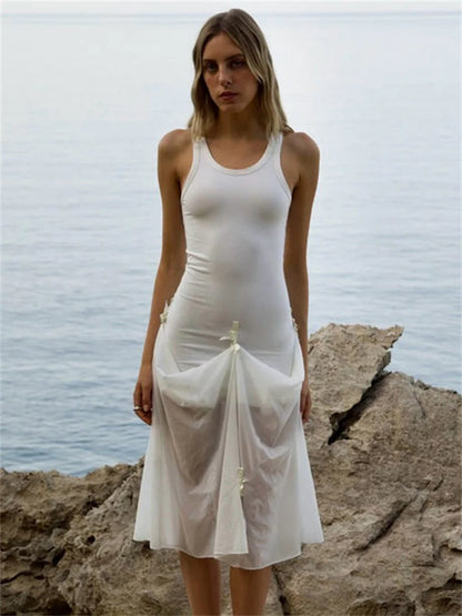 Tee Bow Mesh Patchwork Long Dress Women’s Bandage See-Through Beach Holiday Party Dress Elegant Slim Maxi Dress Summer New