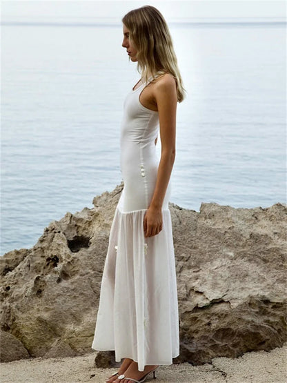 Tee Bow Mesh Patchwork Long Dress Women’s Bandage See-Through Beach Holiday Party Dress Elegant Slim Maxi Dress Summer New