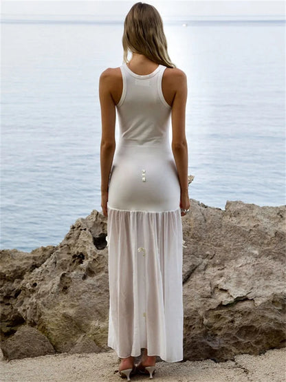 Tee Bow Mesh Patchwork Long Dress Women’s Bandage See-Through Beach Holiday Party Dress Elegant Slim Maxi Dress Summer New