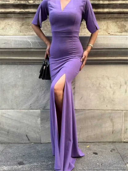 V-Neck Fashion Short Sleeve Dress Women High Waist Solid Pleated Elegant Patchwork Party Dress Ladies Autumn Long Dress