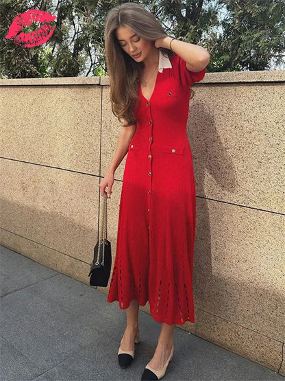 V-Neck Knit Contrast Long Dress Women Hollow Out Lapel Fashion High Waist Elegant Party Dress Knitwear Ladies Maxi Dress