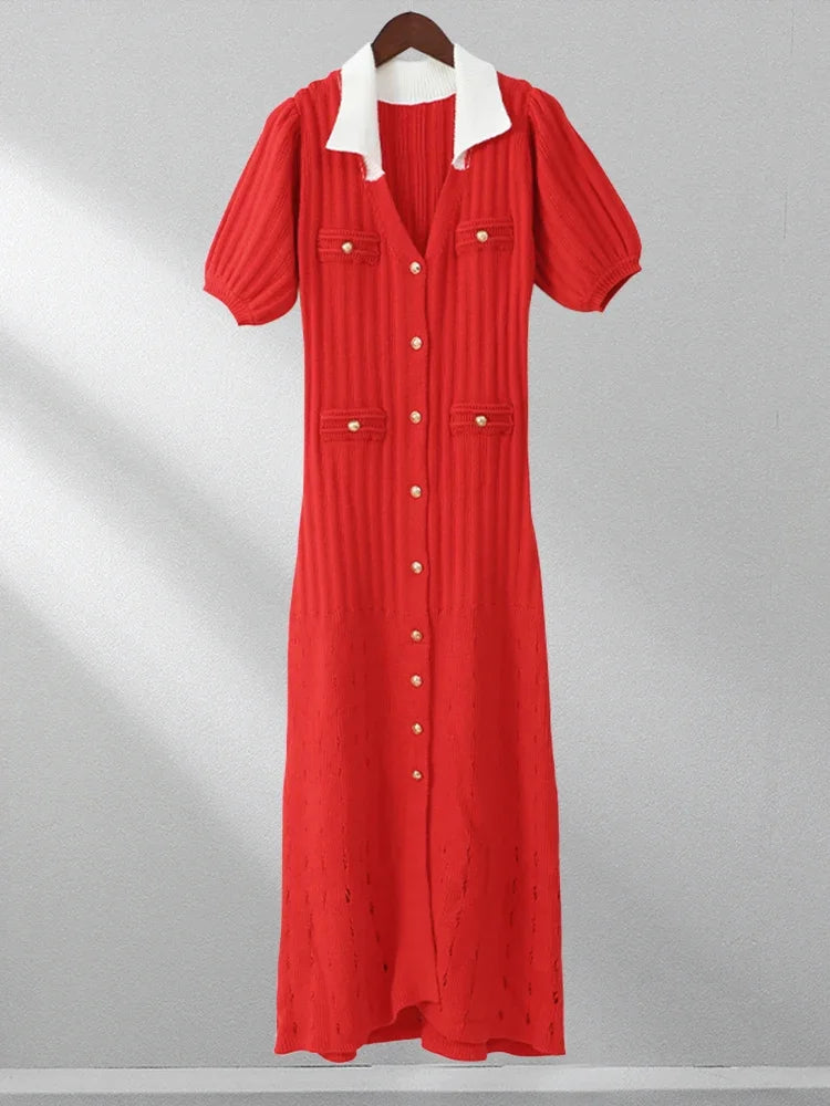 V-Neck Knit Contrast Long Dress Women Hollow Out Lapel Fashion High Waist Elegant Party Dress Knitwear Ladies Maxi Dress