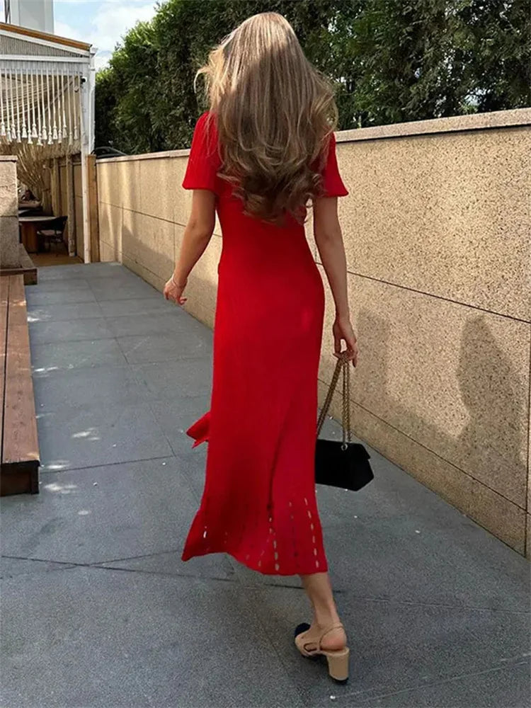 V-Neck Knit Contrast Long Dress Women Hollow Out Lapel Fashion High Waist Elegant Party Dress Knitwear Ladies Maxi Dress