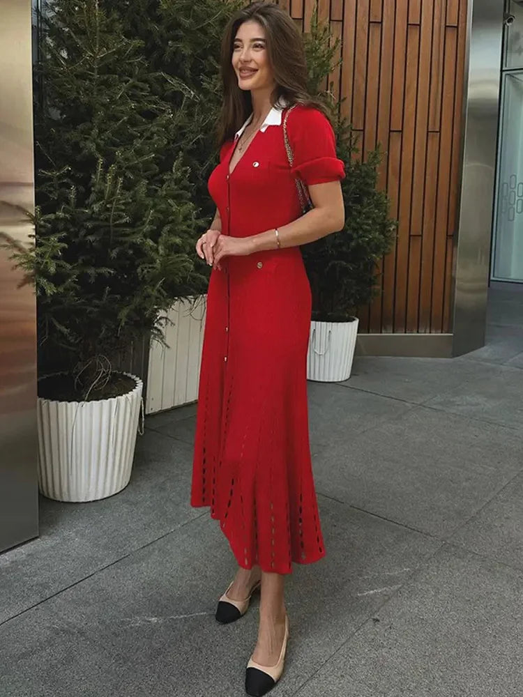 V-Neck Knit Contrast Long Dress Women Hollow Out Lapel Fashion High Waist Elegant Party Dress Knitwear Ladies Maxi Dress