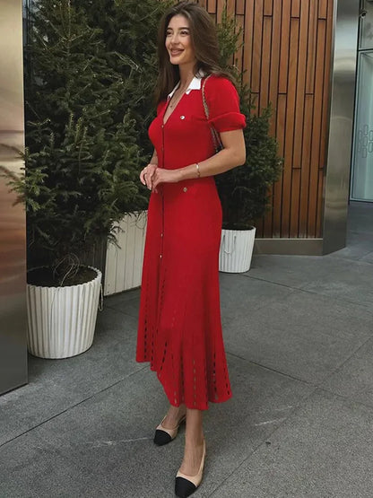 V-Neck Knit Contrast Long Dress Women Hollow Out Lapel Fashion High Waist Elegant Party Dress Knitwear Ladies Maxi Dress