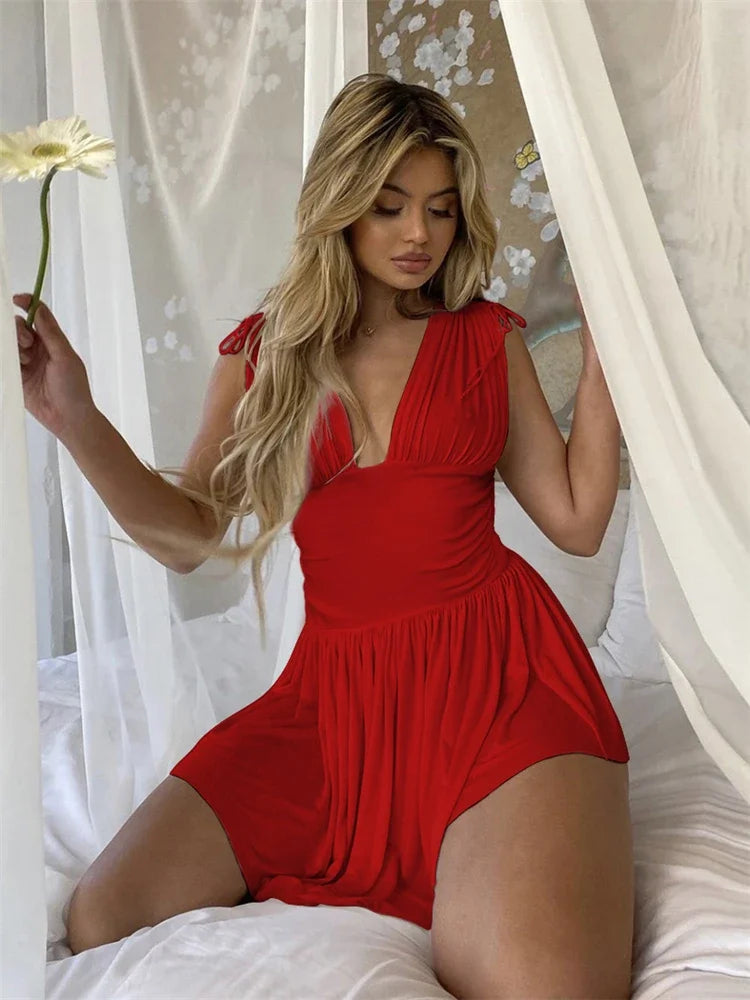 FashionSierra - V-Neck Chiffon Mini Sleeveless Wrap Party Beach 2025 A-line Sundress Casual Dress