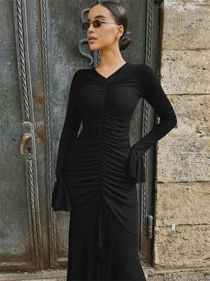 V-Neck Pleated Slim Long Dress Female Fashion Ruffled Patchwork Solid Elegant Party Dress New Women Maxi Dress Streetwear