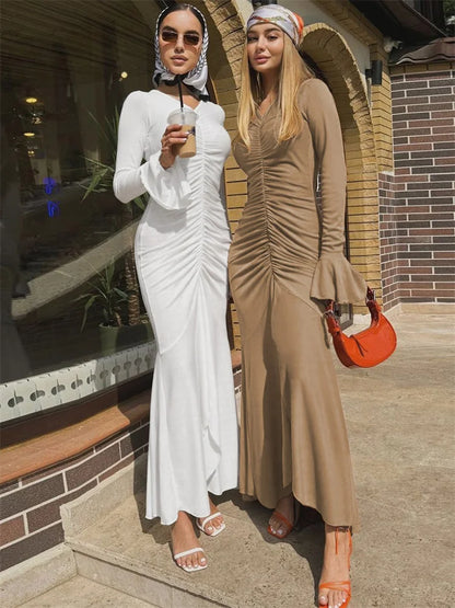 V-Neck Pleated Slim Long Dress Female Fashion Ruffled Patchwork Solid Elegant Party Dress New Women Maxi Dress Streetwear