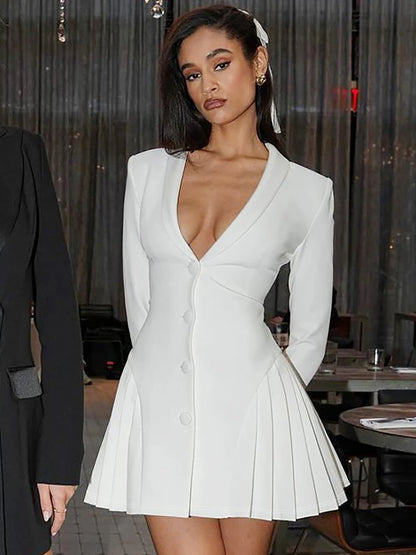 V-Neck Sexy Suit Mini Dress Female Patchwork Cardigan Fashion Commute Clothes Slim High Waist Elegant Party Dress Women’s