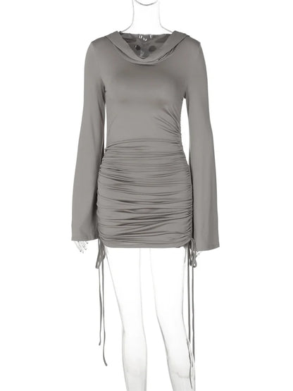 White Sexy Hoodie Mini Dress Women’s Pleated Slim Long Sleeve Drawstring High Waist Party Dress Female Solid Autumn Dress