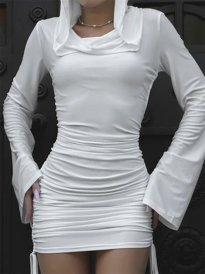 White Sexy Hoodie Mini Dress Women’s Pleated Slim Long Sleeve Drawstring High Waist Party Dress Female Solid Autumn Dress