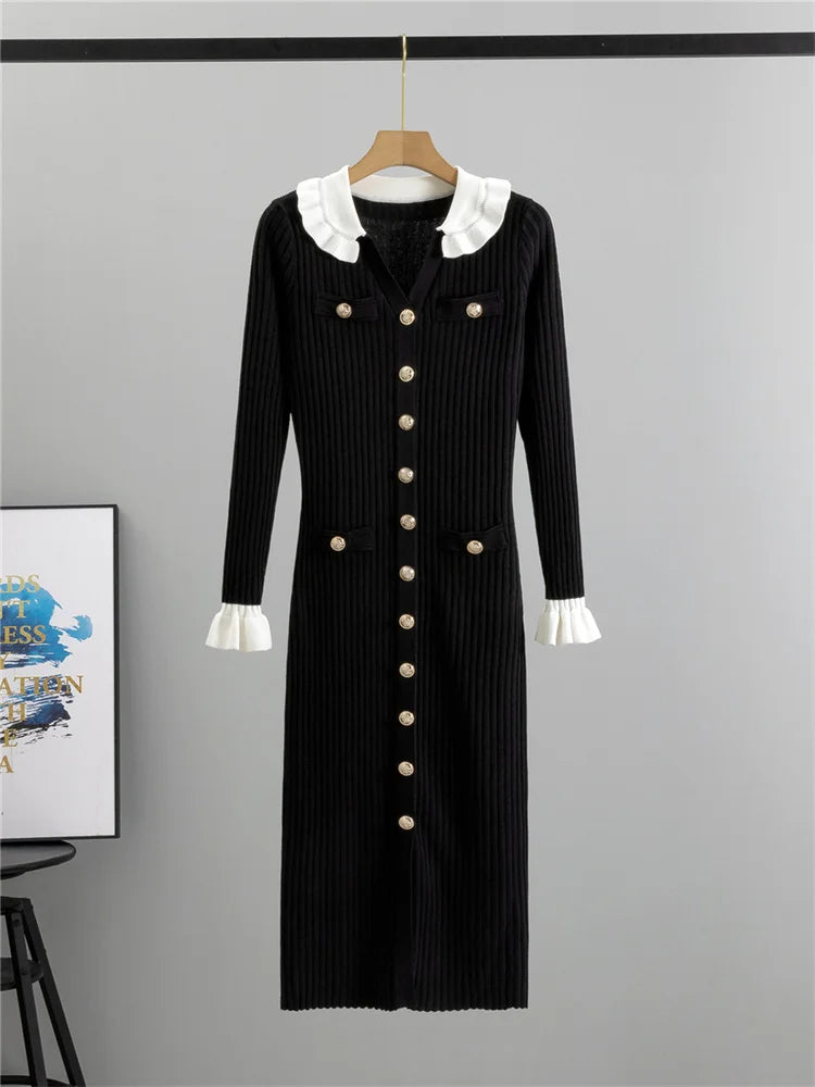 Winter Knitwear V-Neck Maxi Dress Female Ruffled High Waist Cardigan Ribbed Sweater Elegant Party Dress Women’s Knit Dress